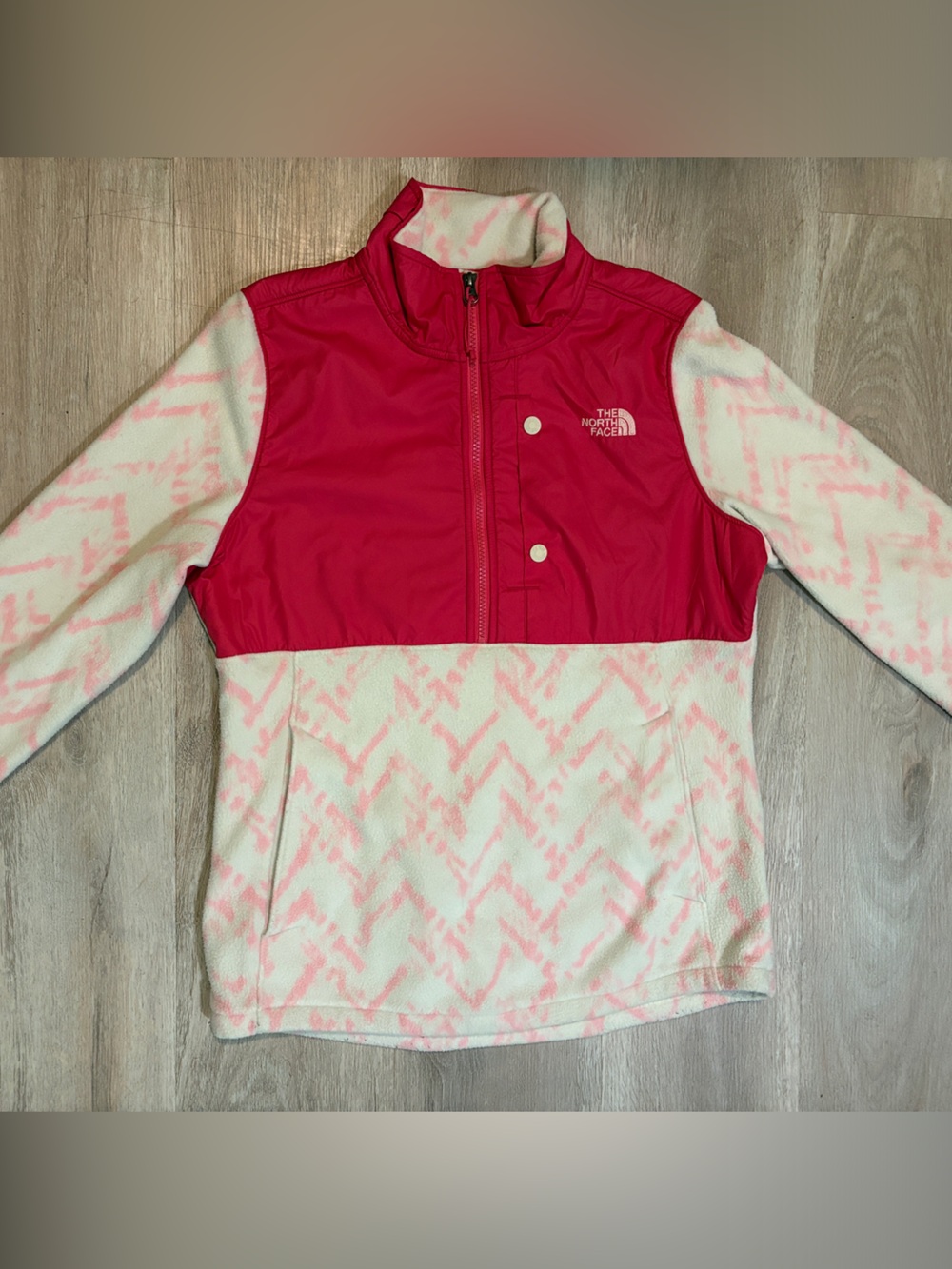 The North Face Denali Jacket Women's Large Pink White Retro Print 1/4 Zip